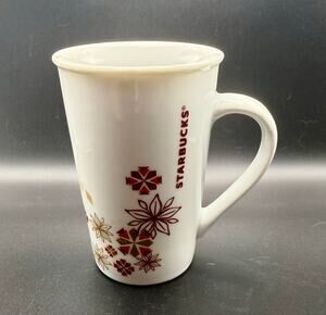 Starbucks 2013 Holiday Snowflake Poinsettia Tall Latte Mug Red Gold Christmas